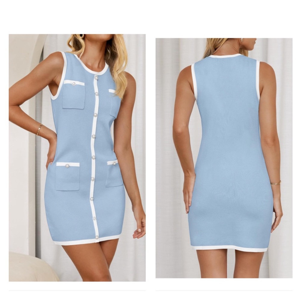 Sleeveless Mini Dress Crewneck Button Kint Bodycon Short Dresses with Pockets